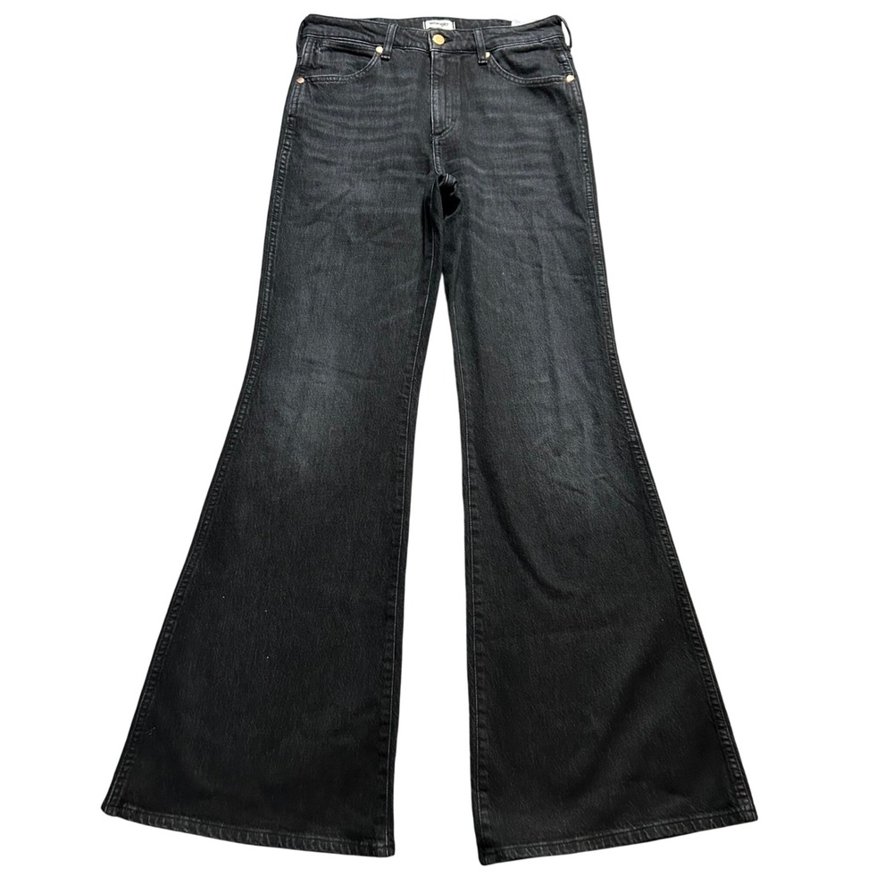 Wrangler Wanderer Jeans Women 27 (Fits 29x34) Black High Rise Flare Faded Denim